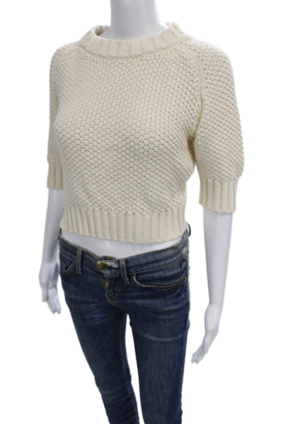 G. Unisex Crew Neck Short Sleeve Cotton Pullover Sweater Beige Button Size L