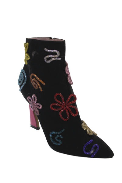 Betsey Johnson Womens Side Zip Pointed Toe Crystal Ankle Booties Black Size 10