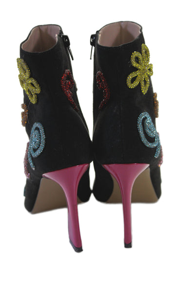 Betsey Johnson Womens Side Zip Pointed Toe Crystal Ankle Booties Black Size 10