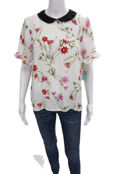 CeCe Women Black Floral Collared Short Sleeve Blouse Polyester Button Size S