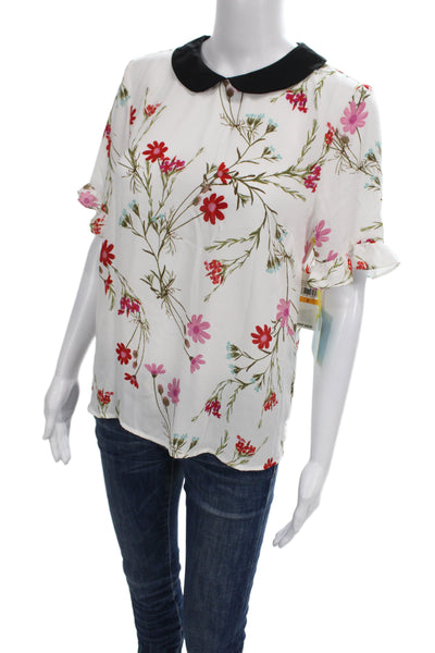 CeCe Women Black Floral Collared Short Sleeve Blouse Polyester Button Size S