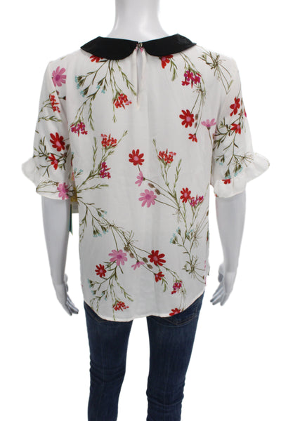 CeCe Women Black Floral Collared Short Sleeve Blouse Polyester Button Size S