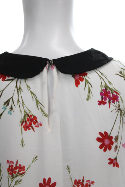 CeCe Women Black Floral Collared Short Sleeve Blouse Polyester Button Size S