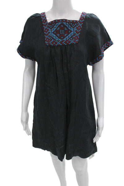 Madewell Womens Kaftan Dress Black Linen Square Neck Short Sleeve Size XS