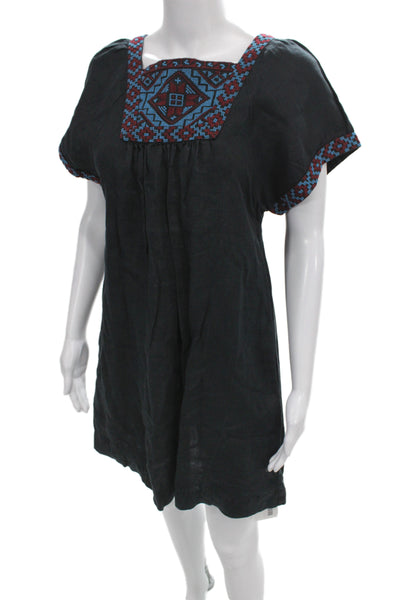 Madewell Womens Kaftan Dress Black Linen Square Neck Short Sleeve Size XS
