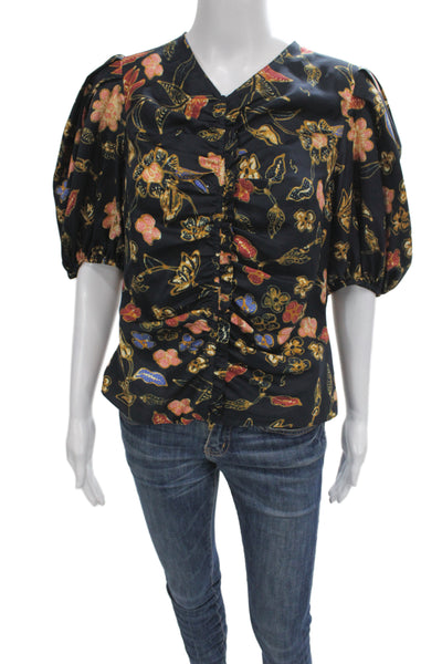 Ulla Johnson Womens Black Silk V-Neck Floral Short Sleeve Blouse Zip Size 8