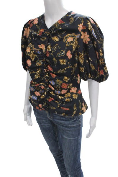Ulla Johnson Womens Black Silk V-Neck Floral Short Sleeve Blouse Zip Size 8