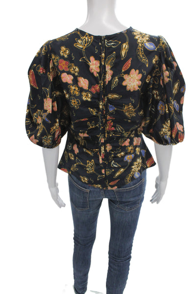 Ulla Johnson Womens Black Silk V-Neck Floral Short Sleeve Blouse Zip Size 8