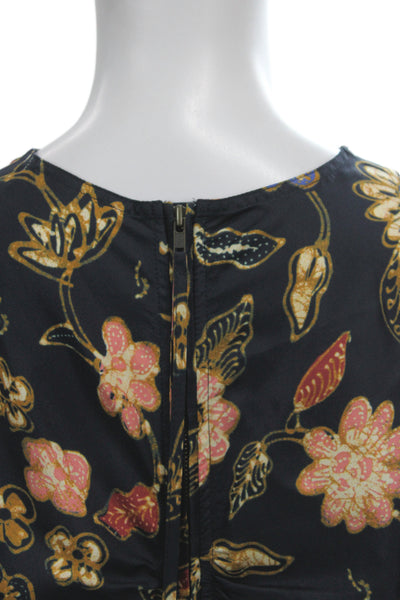 Ulla Johnson Womens Black Silk V-Neck Floral Short Sleeve Blouse Zip Size 8