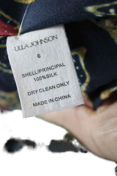 Ulla Johnson Womens Black Silk V-Neck Floral Short Sleeve Blouse Zip Size 8