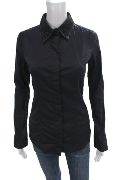 Prada Women Collared Button-Up Long Sleeve Black Cotton Blend Blouse Size 38