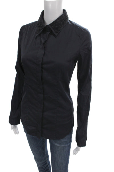 Prada Women Collared Button-Up Long Sleeve Black Cotton Blend Blouse Size 38
