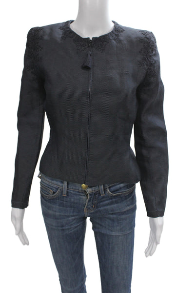 Oscar de la Renta Pink Label Women Dark Blue Designer Zip Blazer Size 4