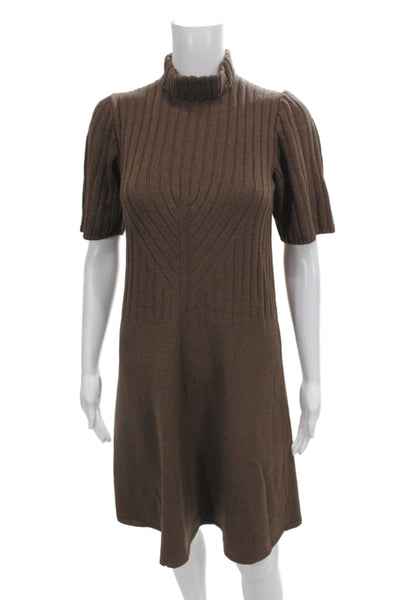 St. John Collection Women Sweater Dress Brown Striped Knit Mock Neck Size 4