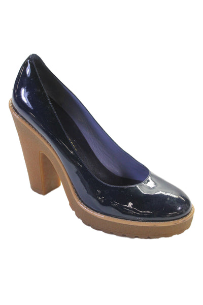 Marc By Marc Jacobs Womens Slip On Block Heel Patent Leather Pumps Navy 39.5