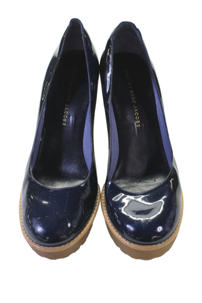 Marc By Marc Jacobs Womens Slip On Block Heel Patent Leather Pumps Navy 39.5