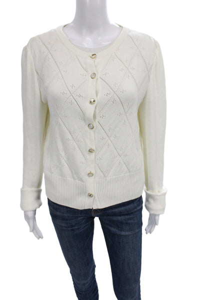 St. John Women Cardigan White Cotton Argyle Button Front Size L