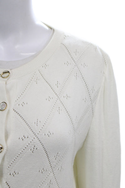 St. John Women Cardigan White Cotton Argyle Button Front Size L