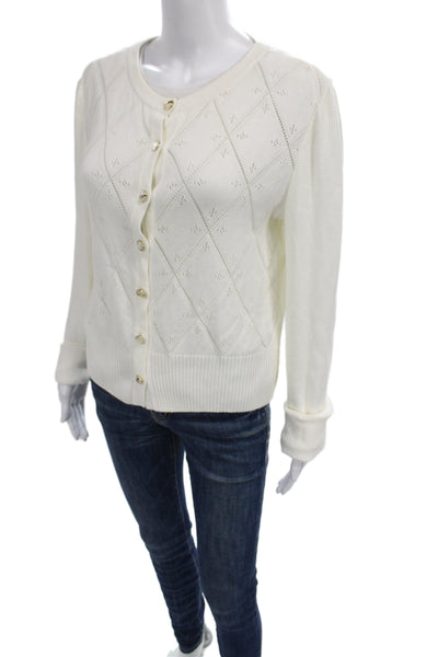 St. John Women Cardigan White Cotton Argyle Button Front Size L