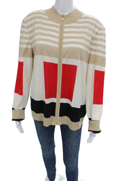 St. John Sport Unisex Beige Geometric Mockneck Full Zip Cardigan Size XL