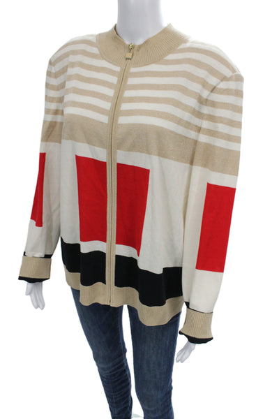 St. John Sport Unisex Beige Geometric Mockneck Full Zip Cardigan Size XL