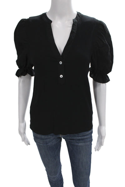 Pomander Place Womens Black V-Neck Cap Sleeve Button Up Blouse Petite Size XS