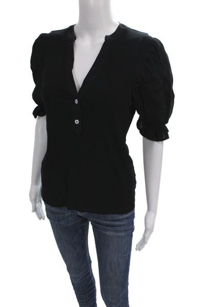 Pomander Place Womens Black V-Neck Cap Sleeve Button Up Blouse Petite Size XS
