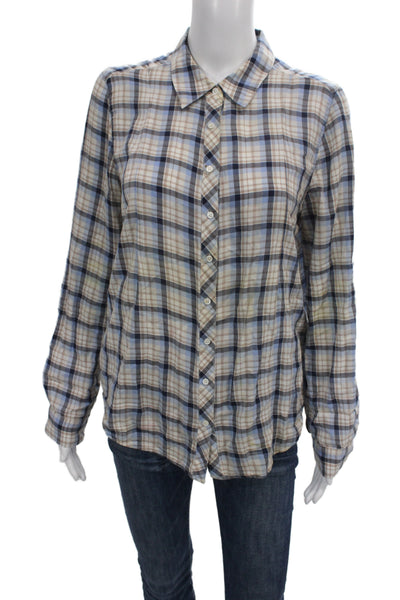 Joie Women Classic Beige Plaid Cotton Collared Button-Up Long Sleeve Size M