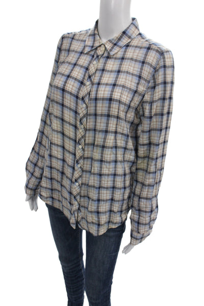 Joie Women Classic Beige Plaid Cotton Collared Button-Up Long Sleeve Size M