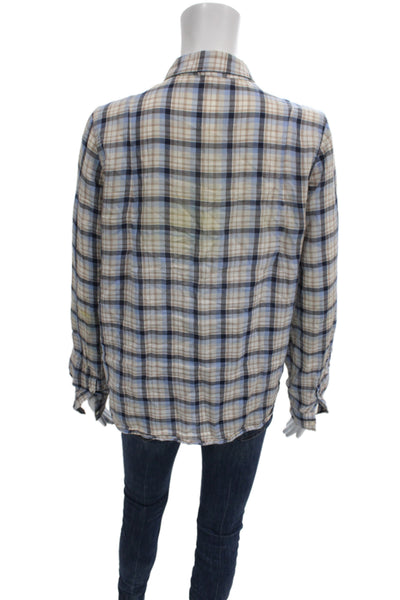 Joie Women Classic Beige Plaid Cotton Collared Button-Up Long Sleeve Size M