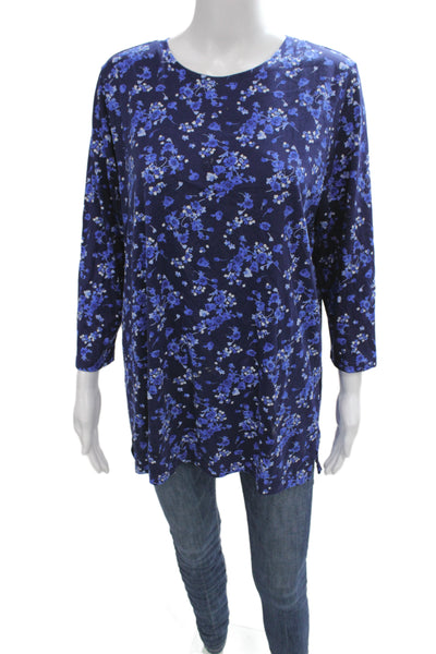 Lands End Women Tunic 3/4 Sleeve Round Neck Floral Dark Blue Size M