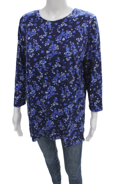 Lands End Women Tunic 3/4 Sleeve Round Neck Floral Dark Blue Size M