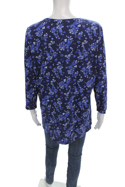 Lands End Women Tunic 3/4 Sleeve Round Neck Floral Dark Blue Size M