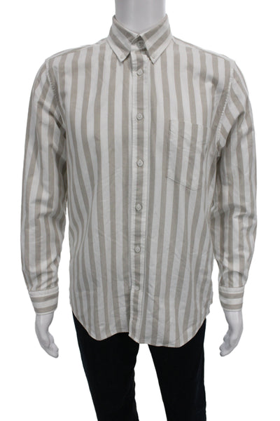Reiss Mens Button Front Long Sleeve Striped Collared Shirt White Beige Large