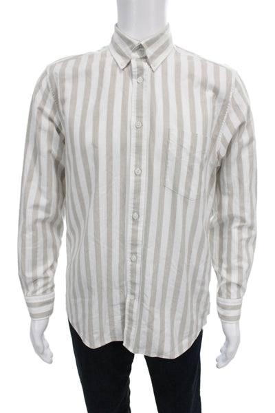 Reiss Mens Button Front Long Sleeve Striped Collared Shirt White Beige Large