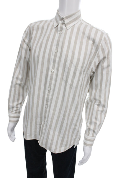 Reiss Mens Button Front Long Sleeve Striped Collared Shirt White Beige Large