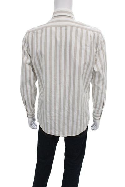 Reiss Mens Button Front Long Sleeve Striped Collared Shirt White Beige Large