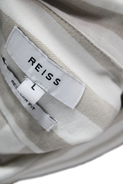 Reiss Mens Button Front Long Sleeve Striped Collared Shirt White Beige Large