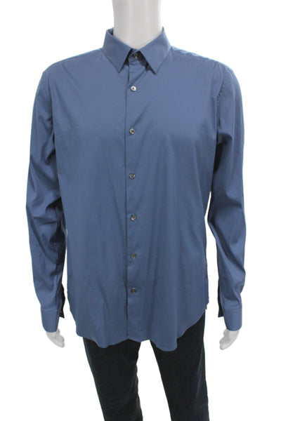 Theory Mens Blue Point Spread Collar Dress Shirt Long Sleeve Cotton Size XL