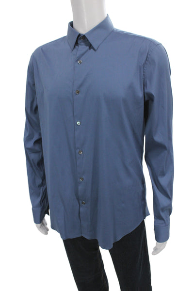 Theory Mens Blue Point Spread Collar Dress Shirt Long Sleeve Cotton Size XL