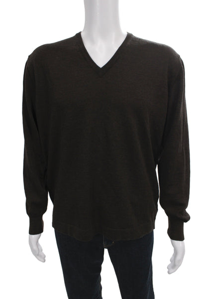 Barneys New York Mens Pullover Sweater Brown V Neck Pure Wool Size XL