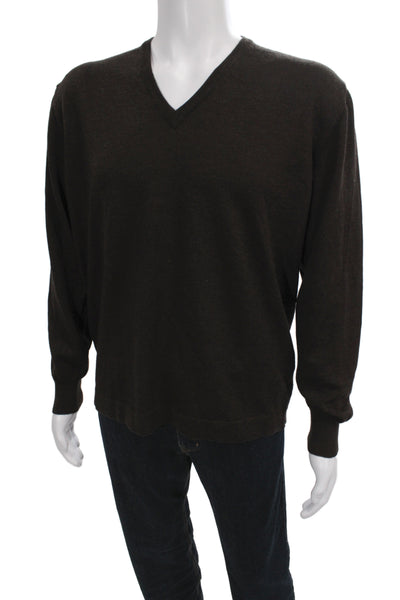 Barneys New York Mens Pullover Sweater Brown V Neck Pure Wool Size XL