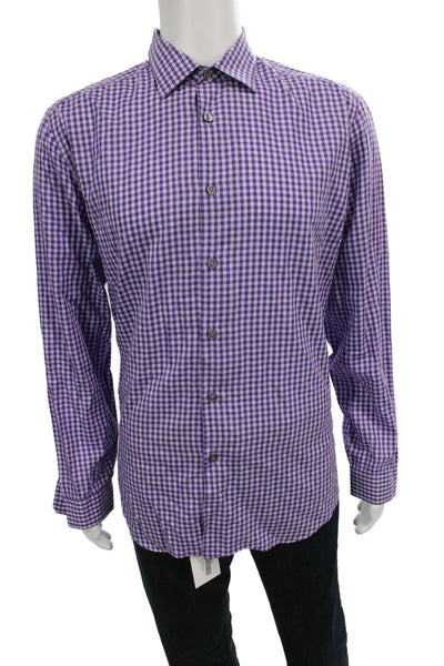 Paul Smith Mens Gingham Plaid Button Down Shirt Purple Cotton Size 16.5 42