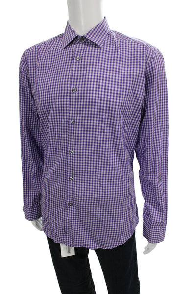 Paul Smith Mens Gingham Plaid Button Down Shirt Purple Cotton Size 16.5 42