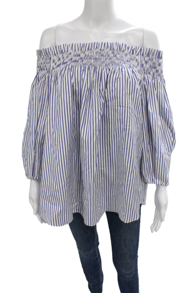 Caroline Constas Women Blue Striped Cotton Blouse 3/4 Sleeve Bohemian Size S