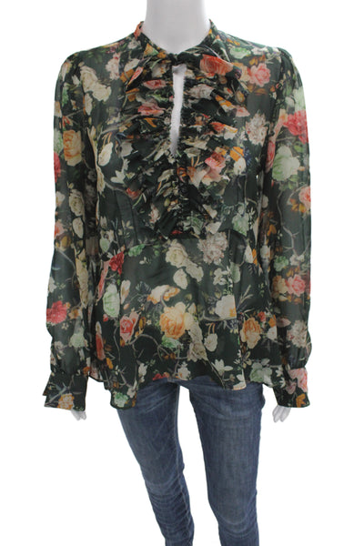 Zara Women Green Floral Chiffon High Neck Tie Blouse Long Sleeve Size M