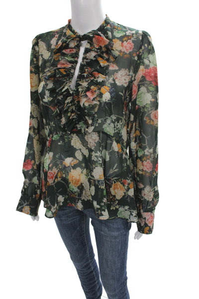 Zara Women Green Floral Chiffon High Neck Tie Blouse Long Sleeve Size M