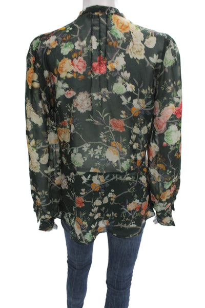 Zara Women Green Floral Chiffon High Neck Tie Blouse Long Sleeve Size M