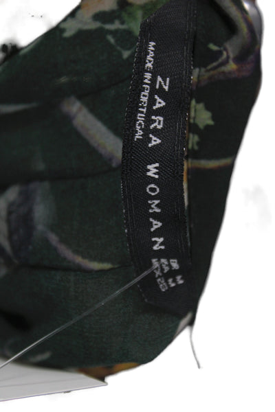 Zara Women Green Floral Chiffon High Neck Tie Blouse Long Sleeve Size M
