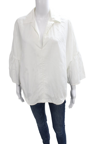 Tome Womens Tunic Blouse Cotton Collared 3/4 Sleeve White Classic Size S
